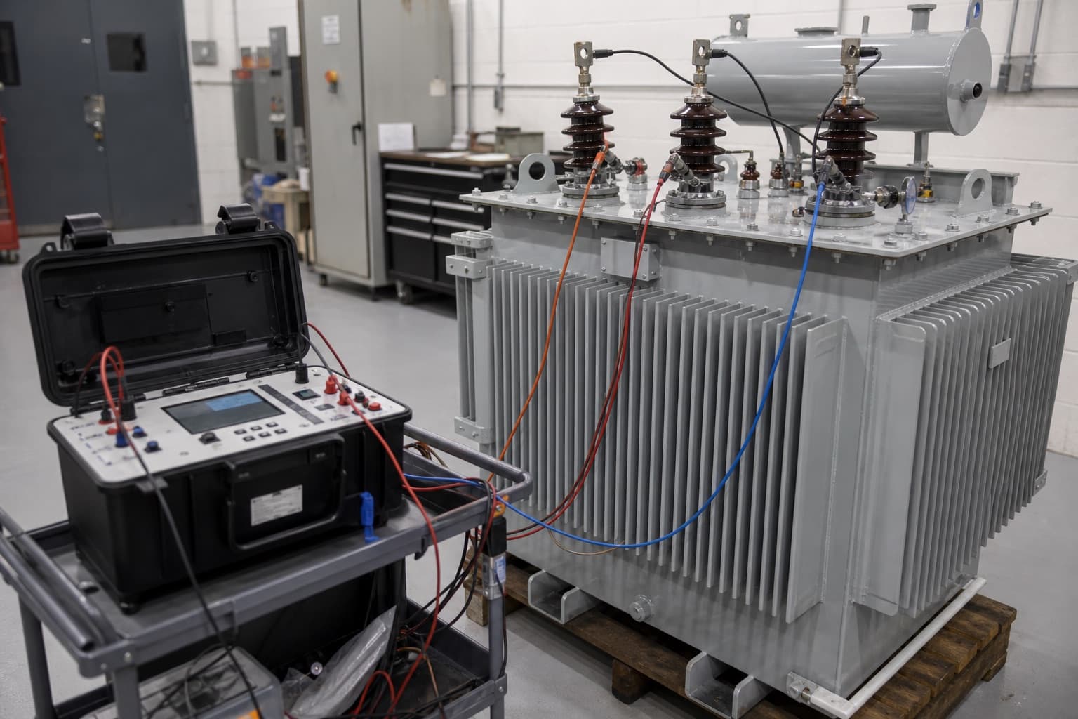 Electrical proving tests on a distribution transformer at Trafo Engineering in Karachi